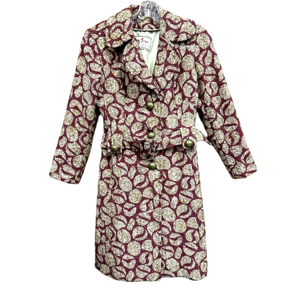 80s Vintage boucle wine beige belted womens winter coat Size 4